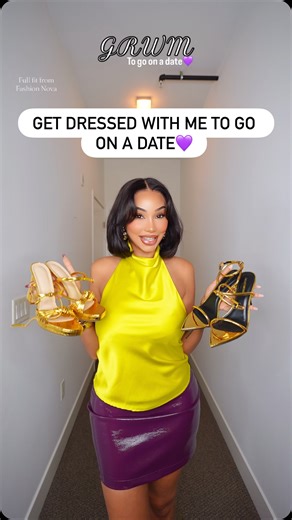 Melly Sanchez on Instagram: "Get dressed with me to go on a date💜 @fashionnova brie low rise mini skirt in plum, sara satin halter top in chartreuse & take me places heeled sandals in gold #datenightoutfit #grwm #outfitinspo"