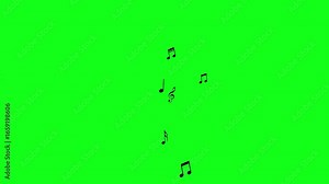 Animated rotating black notes flying from bottom to top, on a green background. Wave of flying notes. Perfect for music, songs, and melodies. Isolated musical notes, icons. Royalty-free. 4k