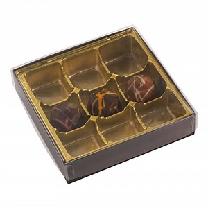 Duerr Packaging 4 3/8" x 4 3/8" x 1" 2-Piece 9-Cavity Brown / Gold Candy Box with Transparent Lid - 210/Case