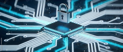 Cyber security concept lock symbol glowing circuit board microchip data protection encryption technology future network safety digital lock cyber defense information security metallic padlock shines