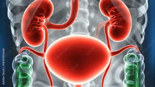 Realistic 3D Anatomy animation of the human urinary system and digestive tract