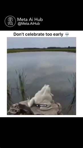 AI | Artificial intelligence | Chatgpt | Viral on Instagram: "The clip unfolds like a perfectly timed lesson in the food chain—fast, brutal, and unforgettable. The leap: A large white frog sits on a rock by the water, spots a small insect or dragonfly, and launches itself into the air in an ambitious attempt to catch it. The ambush: The moment the frog hits the water, a large fish surges up from below and swallows the frog whole in a split second. The finale: Before the fish can even disappear b