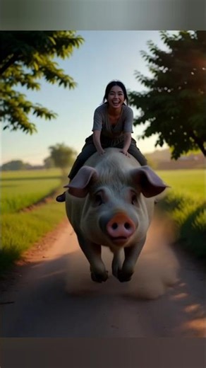 Wholesome Fantasy Scene: Girl Riding a Pig | Cinematic Rural AI Video | VEO3 Prompt