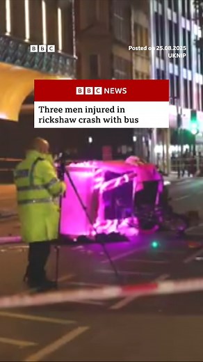 Three men were injured - two seriously - in a crash involving a bus and a rickshaw in central London early on Monday. Officers from the Metropolitan Police and London Ambulance Service crews attended following reports of a collision at the junction of Charing Cross Road and Phoenix Street shortly after 01:00 BST. Police said three men were treated at the scene and taken to hospital. One man with minor injuries was discharged but two others, aged 23 and 25, are seriously injured and remain in hos