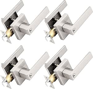 Probrico Brushed Nickel Keyed Entry Door Handle with Lock, 4 Pack Keyed Alike Square Style Door Levers, Reversible for Interior/Exterior Doors