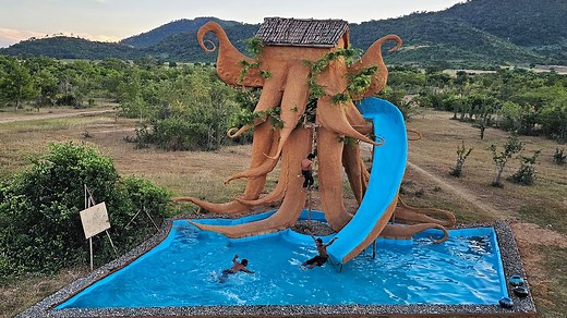 How to Build an Amazing Water Slide to a Swimming Pool by Hand in the Jungle!