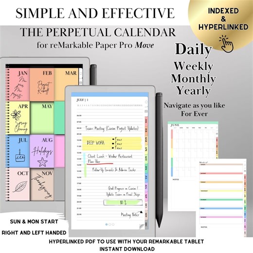 Perpetual Calendar for Remarkable Paper Pro Move Templates, Daily Planner Undated Monthly Weekly Daily Hourly Hyperlinked Planner - Etsy