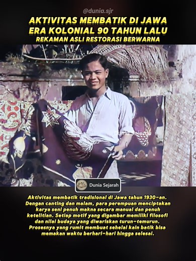 Aktivitas membatik di Jawa sekitar tahun 1930-an, ketika batik masih sepenuhnya dikerjakan secara manual menggunakan teknik tradisional. Para perempuan duduk bersila, menggambar motif di atas kain dengan canting dan malam panas proses yang membutuhkan kesabaran, ketelitian, dan keahlian tinggi. Pada masa itu, membatik bukan sekadar pekerjaan, tetapi bagian dari budaya dan identitas masyarakat Jawa. Setiap motif memiliki makna tertentu, bahkan bisa menunjukkan status sosial atau filosofi hidup pe