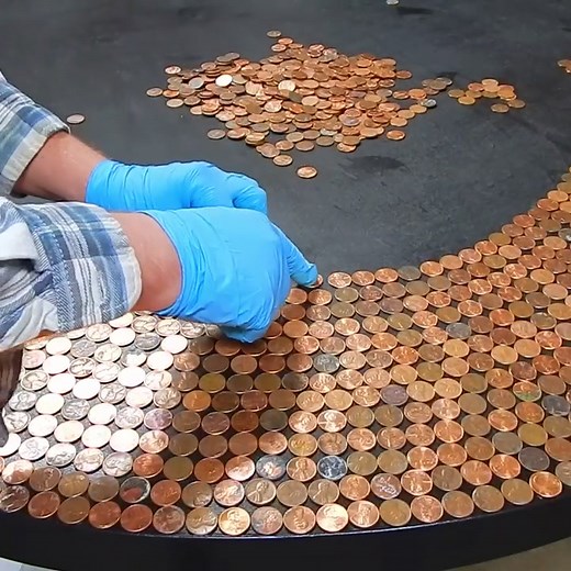 I made this penny table top by using 4,000 pennies and epoxy! #thrift #thrifting #thriftflip #repurpose #repurposed #repurposedfurniture #penny #epoxy