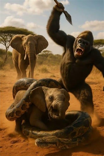 Shocking Wildlife: Gorilla vs Snake Saves Elephant! | 衝撃の野生動物：ゴリラ対蛇が象を救う！ | 충격적인 야생 동물: 고릴라 대 뱀