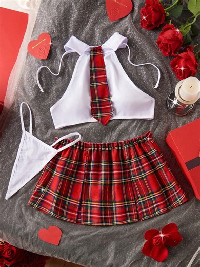 4 Piece Plaid Preppy Cosplay Halloween Uniform Set Solid Color Sleeveless Halterneck Top Slit Stretch Waist Plaid Skirt Thong Tie Women's Cosplay Uniform Sexy Lingerie Set For Women Valentine's Day Gift
