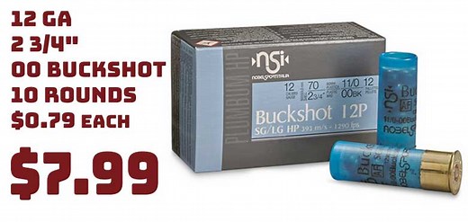 Nobel Ammo 12 Ga 2 3/4" 00 Buckshot 12 Pellets 10Rnds $7.99