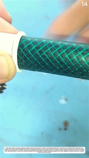Precision Hose Cutting: How Sharp Blade & Red Tape Secure Green Hose Into Adapter