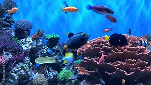 4K HD Video of many varieties of tropical fish swimming around in a coral reef. Coral reefs are diverse underwater ecosystems held together by calcium carbonate structures secreted by corals.