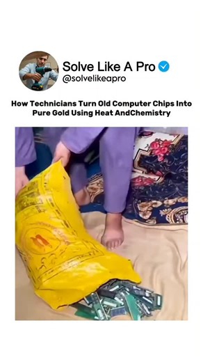 Solve Like A Pro on Instagram: "How technicians turn old computer chips into pure gold is a fascinating mix of heat, chemistry, and precision. 🔥🧪 They carefully remove the chips, dissolve the metals in special solutions, filter out impurities, and use controlled heat to extract gold in its pure, solid form.♻️✨ This video is for educational purposes only. DM for credit/removal. #GoldRecovery #ElectronicsRecycling #ChemistryInAction #MaterialScience #EngineeringExplained #EducationalVideo"