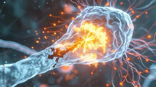 Medical illustration of synaptic gap showing disrupted neurotransmitter signal transmission due to demyelination, orange highlighted problem areas, microscopic synapse detail