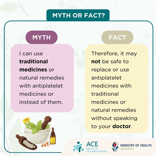 Many people with chronic coronary heart disease (also known as chronic coronary syndrome) take antiplatelet medicines, such as aspirin, clopidogrel, or ticagrelor, to lower their risk of a heart attack. Learn the common myths and facts about antiplatelet medicines in our patient education aid: go.gov.sg/acefb293 Singapore Heart Foundation #mythorfact #patienteducation #ACE | Agency for Care Effectiveness - ACE