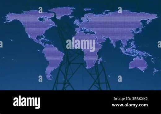 Camera pulling back revealing pylon, map shifting into dotted network, sky brightening showing grid. Tower, powerline, remote, dawn, horizon, silhouette, infrastructure Stock Video Footage - Alamy