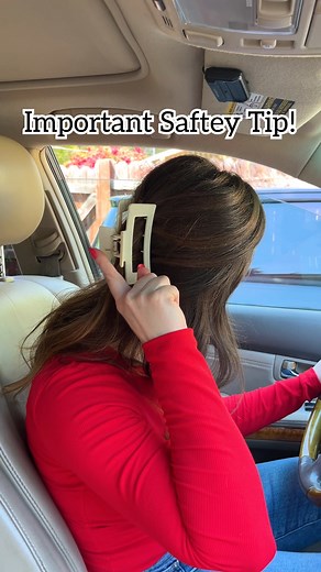 🚘 Reminder to all long haired folks to never ever wear a hair clip while driving! Stay safe! #safetyfirst #drivesafe #tipsandtricks #traveltips #roadsafety | Jeff & Lauren