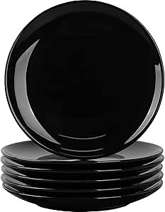 DELLING Porcelain Appetizer Plates, 7 Inch Black Dessert/Salad Plates - Small Dinner Plates for Sides, Snack, Pasta - Kitchen Ceramic Serving Dishes, Microwave and Dishwasher Safe - Set of 6