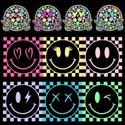 Retro Smiley Face PNG Bundle, Colorful Checkered Happy Faces Clipart, Groovy 90s Aesthetic Neon Smile Graphics for Shirts & Stickers - Etsy Australia
