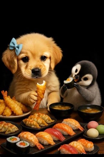 Cute Puppy & Penguin ASMR | Eating Tempura Shrimp & Sushi Roll