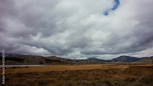 Time-lapse - Bison herd parades in the grasslands with mountain landscape with cloudy sky at Yellowstone National Park, Wyoming, U.S.A.