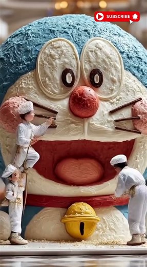 miniature workers working on the doraemon head cake #asmr #cake #asmrfood #toys #viral #asmrvideos