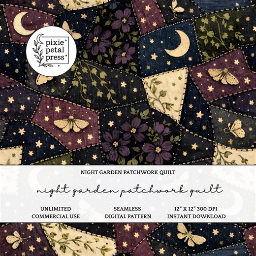Night Garden Patchwork Quilt Seamless Pattern 300 DPI PNG Celestial Botanical Moody Evening Dusk Floral Art Digital Paper Fabric Design POD - Etsy UK