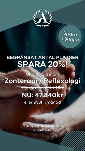 Drömmer du om att hjälpa andra till bättre hälsa? Utbilda dig till Zonterapeut/Reflexolog hos oss på Axelsons – Nordens ledande skola för kroppsterapi! 🔸 Lär dig behandla kroppen genom fötterna 🔸 Fördjupa dina kunskaper i en holistisk behandlingsmetod 🔸 Skapa en ny karriär inom hälsa och välbefinnande 💥 Just nu: 20% rabatt på utbildningen! 💥 Boka din plats senast 31 december för att ta del av erbjudandet. 📚 Om utbildningen: ✔️ Praktiska och teoretiska moment ✔️ Lär dig tekniker som främjar