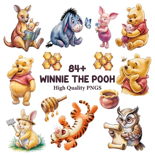 85 Winnie the Pooh PNG Clipart Bundle | Classic Vintage Watercolor | Tigger Eeyore Piglet | Baby Shower Nursery Printable Digital Download - Etsy
