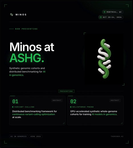Minos will be presenting two works at The American Society of Human Genetics (ASHG) this fall.1. How we are leveraging distributed compute for continuous benchmarking of genomic data to optimize variant-calling.2. Introducing HelixForge-Pheno, our custom CUDA architecture for generating disease-specific synthetic whole-genome cohorts at scale for AI training and validation in genomics.Together, they point to our thesis that foundation for genomic AI needs a validation layer where synthetic truth