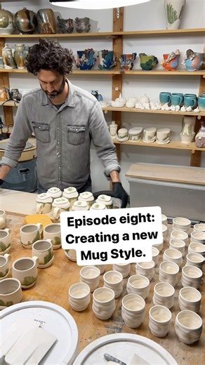 Episode eight: Creating a New Mug Style. It’s time to load them in the kiln but before we fire them I need to add wadding on the bottom of each piece. I fire in a soda kiln and this kiln is designed to withstand the soda vapor and the wadding keeps the pieces from sticking to the shelf. In the next video we will see the final results. To get first access to these mugs please sign up to my newsletter. Link in my bio :) #ceramics #pottery | Kowalskipottery