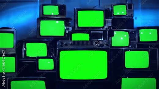 Stacked retro TVs with dark blue tones, all turning on simultaneously showing green screens. Perfect for replacing the green with custom footage using chroma keying (e.g., in After Effects). Vintage t