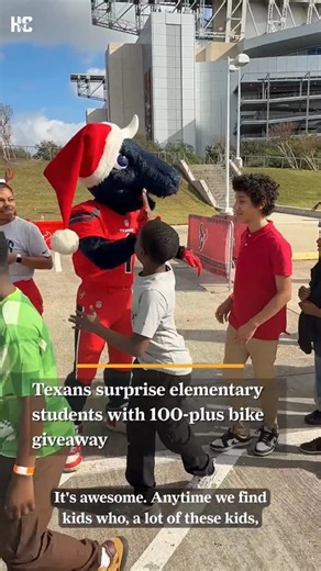 Houston Chronicle on Instagram: "Area students received a Texans-sized surprise at NRG Stadium as Texans Legends and current players hosted a bike giveaway, gifting more than 100 students from Hartsfield Elementary School with new bikes and helmets. Volunteers, including representatives from Chevron, helped keep the event rolling.⁠ ⁠ 📝 & 📸: @bcoomer713 / photographer"