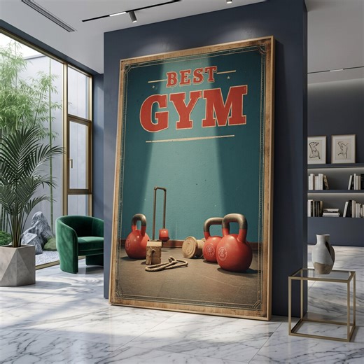 Vintage Gym Equipment Canvas Wall Art, Kettlebell and Rope Fitness Decor, Retro Workout Room Wall Decoration