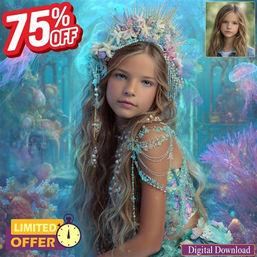 Custom Mermaid Portrait From Photo, Underwater Fantasy Girl Wall Art, Ocean Princess Illustration, Personalized Mermaid Child Artwork - Etsy