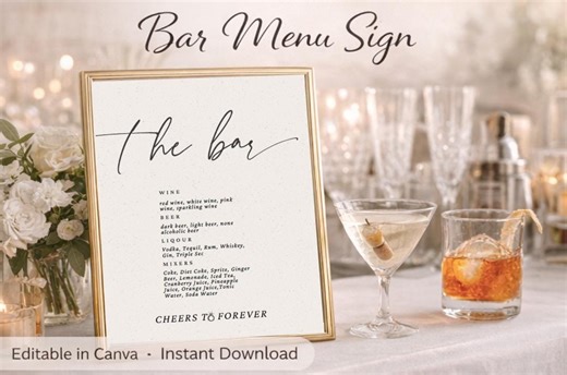 Editable Bar Menu Sign Template, Wedding Drink Menu, Printable Cocktail Menu, Modern Party Bar Sign, Instant Download Canva Template - Etsy UK