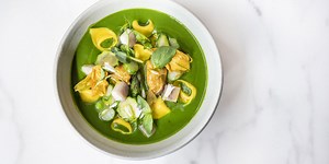 Sheep's Milk Ricotta Tortellini, Wild Garlic Soup, Mussels and Spring Vegetables Recipe