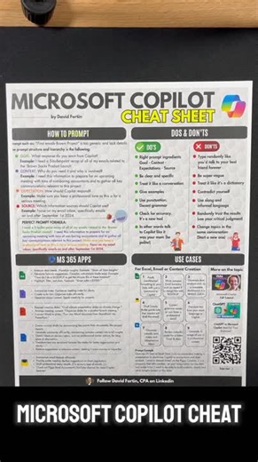 Microsoft Copilot Cheat Sheet EXPLAINED (Video) 🎥Downloaded by 1,500  professionalsHere is a different version!Video format idea inspired by Brian FeroldiDo you like this format?Should I… | David Fortin, CPA