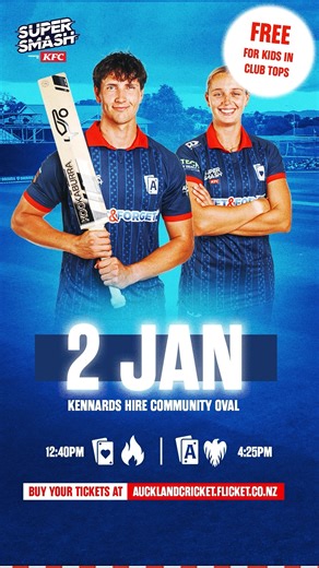 Kids get in free when they wear their Auckland cricket club top on Jan 2nd! 🏏💙 Make it a Super Smash club day out at our first home games of the Super Smash season. The HEARTS take on the Blaze at 12.40pm, followed by the ACES up against the Firebirds at 4.25pm. Club colours on. Big day of cricket ahead! Tickets are on sale now, head to www.aucklandcricket.flicket.co.nz | Auckland Cricket