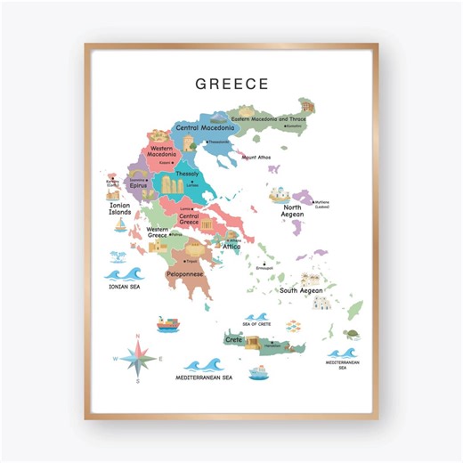 Greece Illustrated Map Poster With Regions and Famous Landmarks, Colorful Educational Country Map for Kids Classroom Decor - Etsy