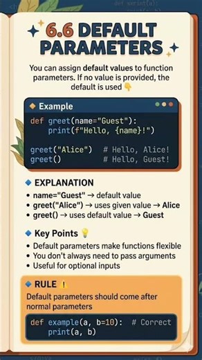 "Default params give fallback values! Skip args & Python uses the default 🚀". #python #coding