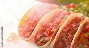 Mexican Tacos with Meat and Vegetables on White Background. Concept Still Life Photography, Mexican Cuisine, Food Styling, White Background, Tacos