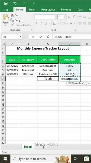 Monthly Expense Tracker Layout in excel