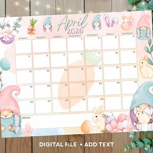 Editable PDF April 2026 Calendar Printable, Cute Easter Gnome Monthly Planner, Instant Download - Etsy