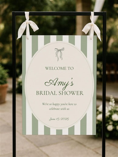 Bridal Shower Welcome Sign Template: Editable Sage Green Striped Poster (instant Download) - Etsy