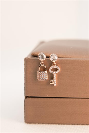 Lock and Key Drop Earrings, Crystal Stud With Pave Padlock and Key Charms in Gold Tone, Symbolic Matching Jewelry Gift - Etsy