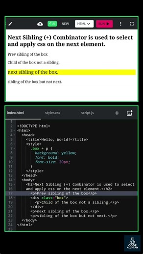 Next sibling combinator in css | css selectors | #css #coding #webdesign | Code Alchemy #shorts