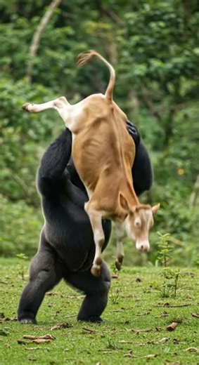 Gorilla smack down the cow to the ground!!!🦍🐮